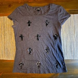 Express Sequin Cross Detail Gray T-shirt Small